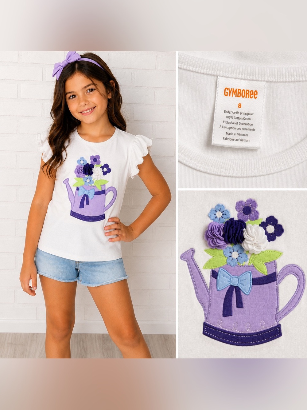 Gymboree Girls White Floral Watering Can Appliqué Tee Size 8 Garden Cottage